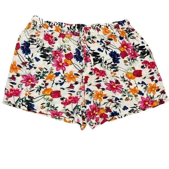 Robert Louis Floral High Waist Loose Fit Drawstring Shorts Pink Orange White XL - Picture 1 of 8